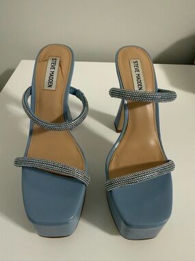 Steve Madden Light Blue Rhinestone Double-Strap Platform Heels